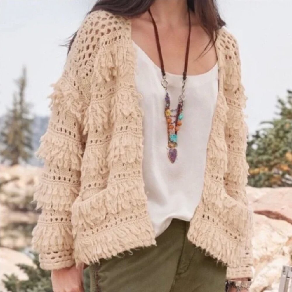 NWOT! SUNDANCE Natural Wonders Boho Crochet Knit Wool/Alpaca Cardigan in Cream - Picture 2 of 14
